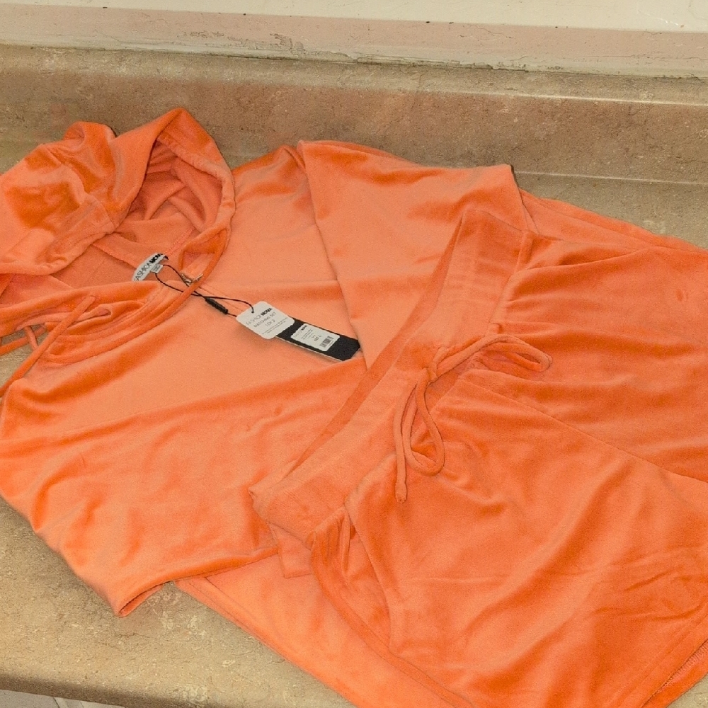 Orange Velour Hoodie and Shorts Set